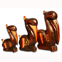 Wooden Pelican Bird Set Of 3, Hand Carved From Albesia Wood