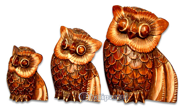 Wooden Owl Set Of 3, Handcarved From Albesia Wood
