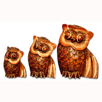 Wooden Owl Set Of 3, Handcarved From Albesia Wood