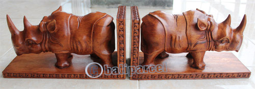 A Set Of Wooden Rhino Bookend, Handcarved From Suar Wood