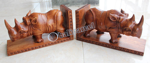 A Set Of Wooden Rhino Bookend, Handcarved From Suar Wood