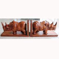 A Set Of Wooden Rhino Bookend, Handcarved From Suar Wood