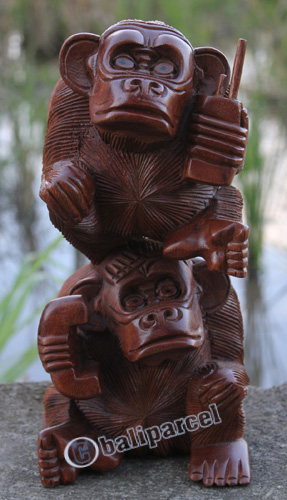 Wooden Stack Monkey, Handcarved From Suar Wood