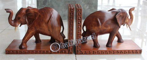 Set Of Wooden Elephant Bookend, Hand Carved From Suar Wood