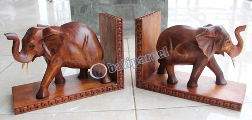 Set Of Wooden Elephant Bookend, Hand Carved From Suar Wood