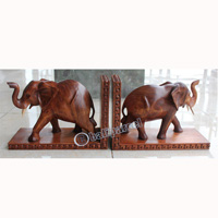 Set Of Wooden Elephant Bookend, Hand Carved From Suar Wood