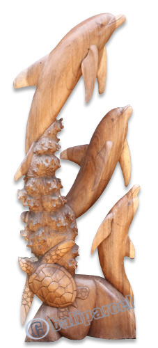 Wooden 3  Dholpins And 1 Turtle Carving, Hand Carved From Suar Wood