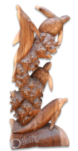 Wooden 2 Dholpins And 2 Turtles Carving, Hand Carved From Suar Wood