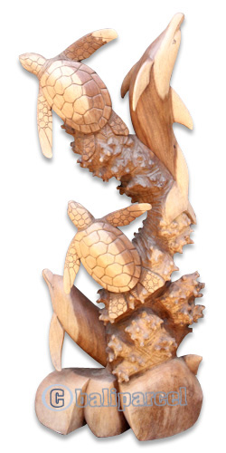 Wooden 2 Dholpins And 2 Turtles Carving, Hand Carved From Suar Wood