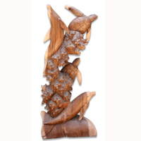 Wooden 2 Dholpins And 2 Turtles Carving, Hand Carved From Suar Wood
