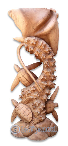 Wooden 1 Manta Ray And 3 Turtles Carving, Hand Carved From Suar Wood