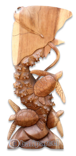 Wooden 1 Manta Ray And 3 Turtles Carving, Hand Carved From Suar Wood