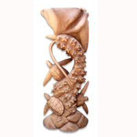 Wooden 1 Manta Ray And 3 Turtles Carving, Hand Carved From Suar Wood