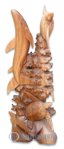 Wooden 1 Dholpin And 2 Turtles Carving, Hand Carved From Suar Wood