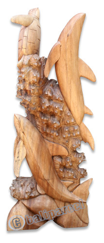 Wooden 2 Dholpins And 2 Turtles Carving, Hand Carved From Suar Wood