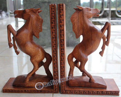 Set Of Wooden Horse Bookend, Hand Carved From Suar Wood