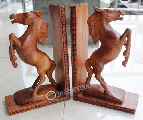 Set Of Wooden Horse Bookend, Hand Carved From Suar Wood