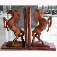 Set Of Wooden Horse Bookend, Hand Carved From Suar Wood