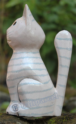 Wooden Cat With Painted, Hand Carved From Albesia Wood