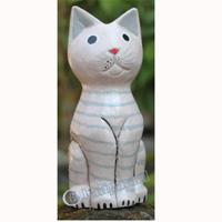 Wooden Cat With Painted, Hand Carved From Albesia Wood