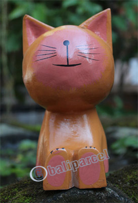 Wooden Cat With Painted, Hand Carved From Albesia Wood