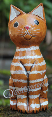 Wooden Cat With Painted, Hand Carved From Albesia Wood