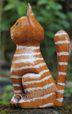 Wooden Cat With Painted, Hand Carved From Albesia Wood