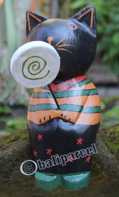 Wooden Cat With Painted, Hand Carved From Albesia Wood