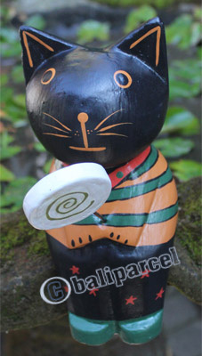 Wooden Cat With Painted, Hand Carved From Albesia Wood