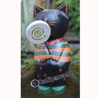 Wooden Cat With Painted, Hand Carved From Albesia Wood
