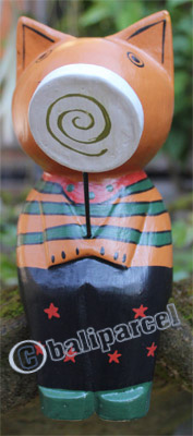 Wooden Cat With Painted, Hand Carved From Albesia Wood
