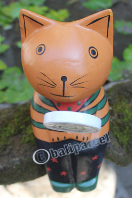 Wooden Cat With Painted, Hand Carved From Albesia Wood