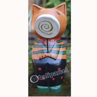 Wooden Cat With Painted, Hand Carved From Albesia Wood