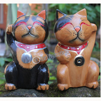 Wooden Cat Set Of 2 With Painted, Hand Carved From Albesia Wood