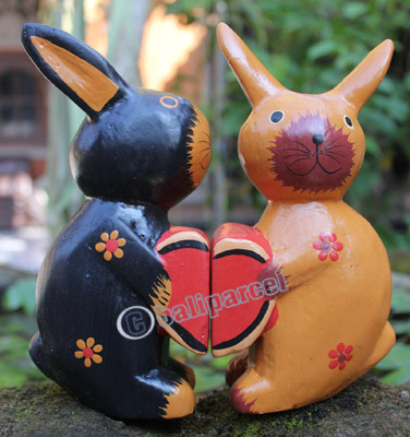 Wooden Rabbit Set Of 2 With Painted, Hand Carved From Albesia Wood