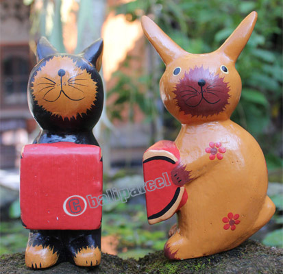 Wooden Rabbit Set Of 2 With Painted, Hand Carved From Albesia Wood