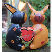 Wooden Rabbit Set Of 2 With Painted, Hand Carved From Albesia Wood