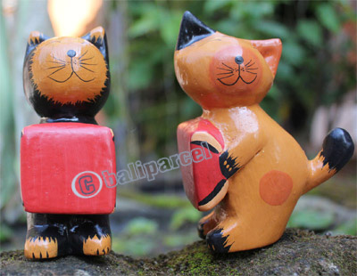 Wooden Cat Set Of 2 With Painted, Hand Carved From Albesia Wood