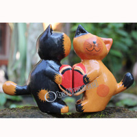 Wooden Cat Set Of 2 With Painted, Hand Carved From Albesia Wood