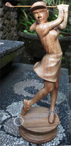 Wooden Statue Of Golfer, Handcrafted From Suar Wood