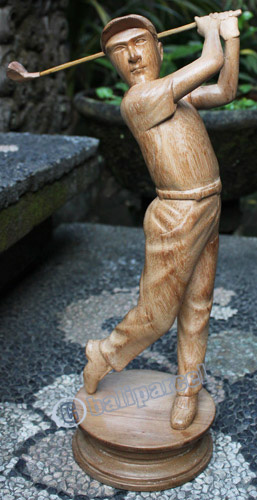 Wooden Statue Of Golfer, Handcrafted From Suar Wood