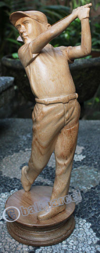 Wooden Statue Of Golfer, Handcrafted From Suar Wood