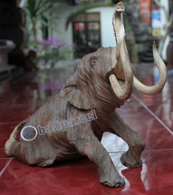 Wooden Sitting Elephant, Hand Carved From Suar Wood