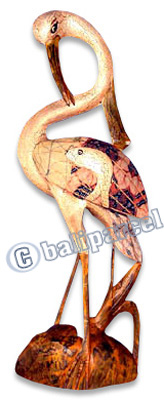 Wooden Heron Bird With Batik Design, Hand Carved From Albesia Wood