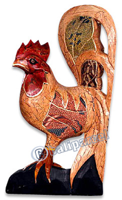 Wooden Chicken With Batik Design, Hand Carved From Albesia Wood