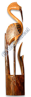 Wooden Heron Bird With Batik Design, Hand Carved From Albesia Wood