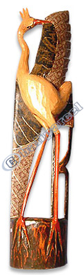 Wooden Heron Bird With Batik Design, Hand Carved From Albesia Wood