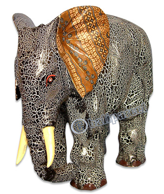 Wooden Elephant With Batik Design, Handcarved From Albesia Wood