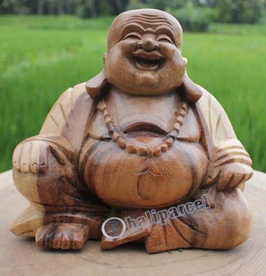Wooden Happy Buddha Statue, Hand Carved From Suar Wood