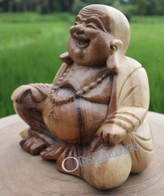 Wooden Happy Buddha Statue, Hand Carved From Suar Wood